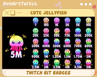 Op de afbeelding: Een set van 20 kleurrijke Twitch-bit-badges in de vorm van kwallen, met een regenboogkleurige gradiënt en een kroon. De badges variëren van 1 tot 5 miljoen bits.