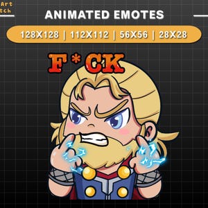 Emote animado do Thor F*uck Twitch, Deus nórdico do trovão com efeitos de Mjolnir e relâmpago, Emote de herói Chibi para Twitch, Discord