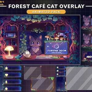 Op de afbeelding: Een geanimeerd Twitch-overlaypakket met een bos-caféthema. Het ontwerp bevat een schattig kattenpersonage, paddenstoelen en een gezellige cafésfeer. Inclusief schermen voor binnenkort starten, nieuwe donaties, nieuwe volgers en over mij.