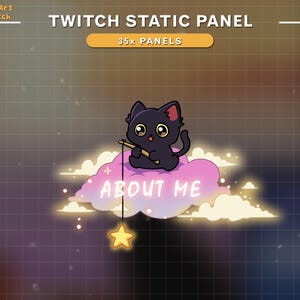 May include: A black cat with big eyes sits on a pink cloud with the text "ABOUT ME" on it. The cat is holding a fishing rod with a yellow star at the end. The background is a grid pattern with a light brown and purple color scheme.