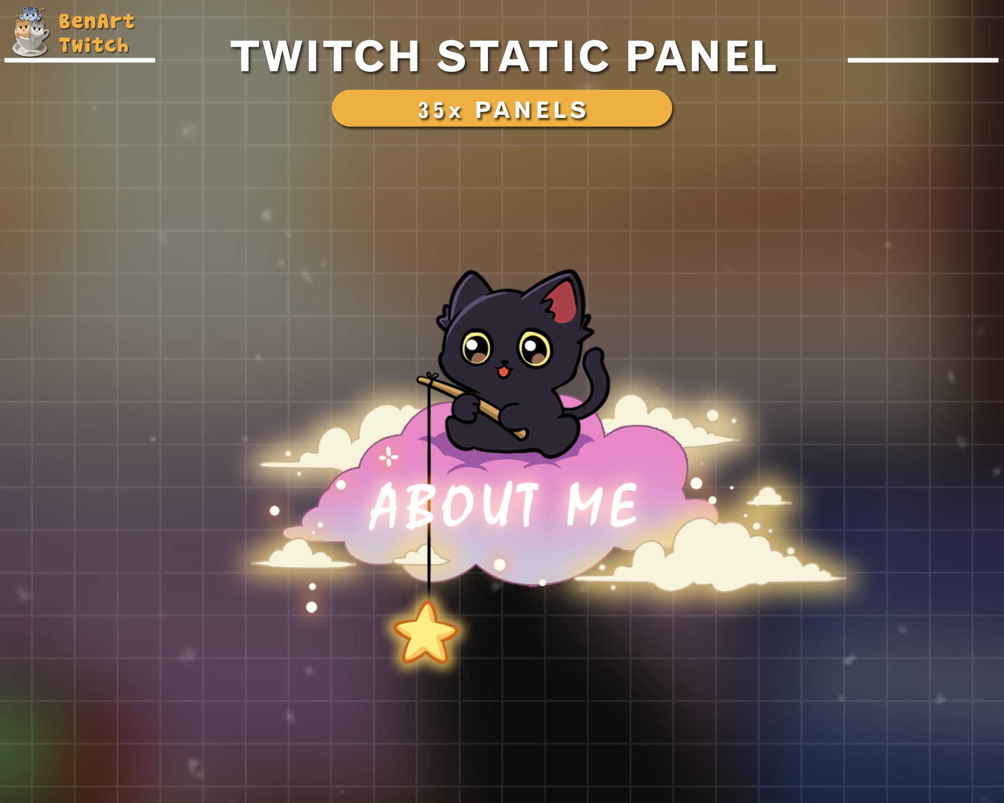 Twitch Panels Static Bundle with Cute Black Cat, Star Fishing, Pink Cloud, Pastel Witchy Aesthetic for Cozy Streamers