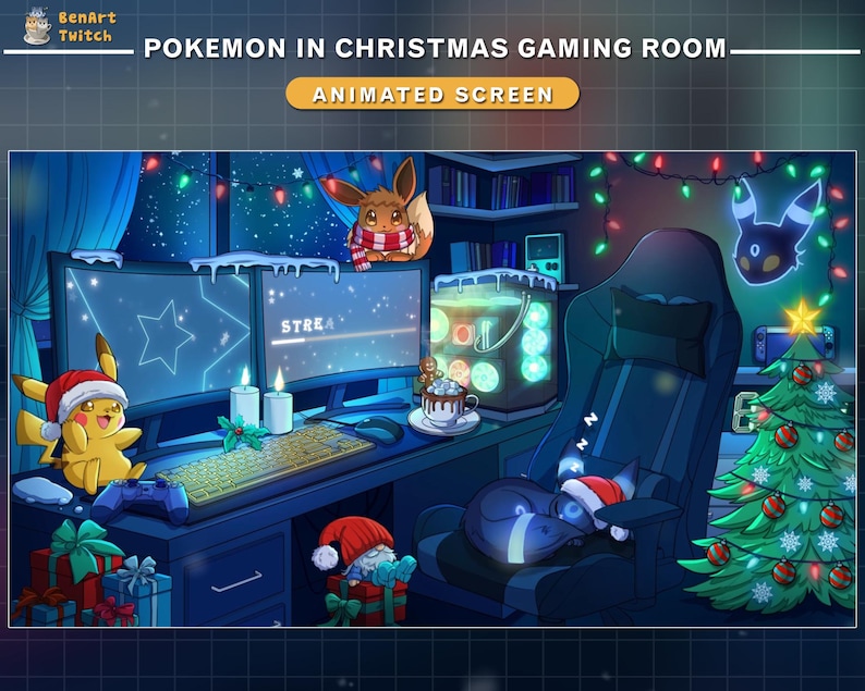 May include: Animated screen depicting a Christmas gaming room with Pok&eacute;mon characters. Pikachu and Eevee are wearing Santa hats. The room includes a Christmas tree, gaming PC, and a keyboard. The text on the screen says "STREAM".