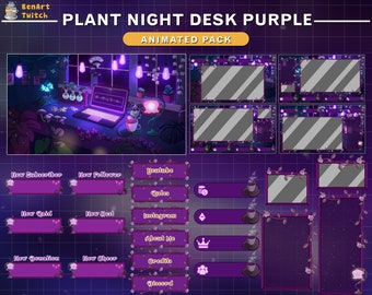 Superposición animada de Twitch para sala de juegos, plantas moradas, paquete de transmisión de escritorio de baja fidelidad con computadora portátil, cielo nocturno, árboles...