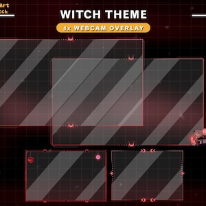 May include: A digital overlay for Twitch streams with a witch theme. The overlay has four transparent boxes with red borders and a black and white grid pattern. The text "WITCH THEME" and "4x WEBCAM OVERLAY" is displayed at the top of the image.