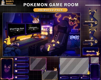Animerat streampaket Mysigt Pokémon-spelrum Twitch-överlägg med Pikachu, Eevee, Umbreon för VTuber, Kick och streamers