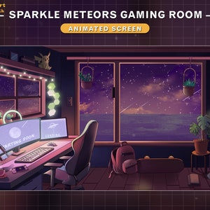 May include: A digital illustration of a gaming room with a desk, a computer, a chair, and a window with a view of the ocean at night. The room is decorated with plants, lights, and a skateboard. The computer screen displays the text "Starting Soon" and "Loading".