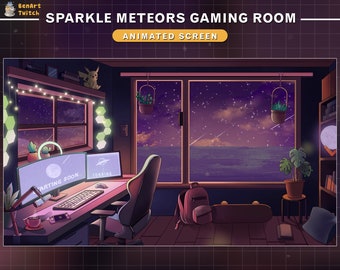 Animated Twitch Screens Cozy PC Room Ocean Beachfront, Lofi Game Room Stream Screens, Retro Twitch Overlay with Sparkle Meteors, Pikachu...