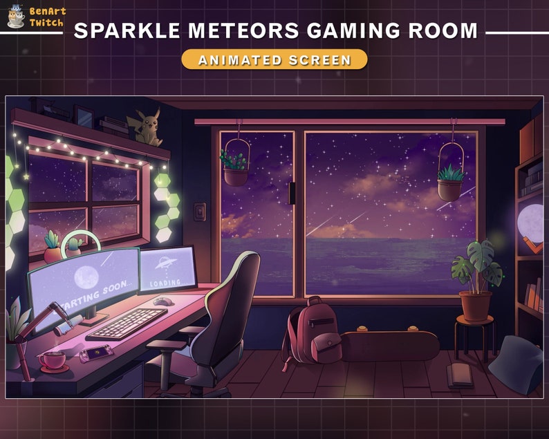 May include: A digital illustration of a gaming room with a desk, a computer, a chair, and a window with a view of the ocean at night. The room is decorated with plants, lights, and a skateboard. The computer screen displays the text "Starting Soon" and "Loading".
