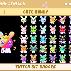30x Cute Bunny Twitch Bit Badges, Rabbit Twitch Sub Badges, Complete Twitch Bit Badges Set, Twitch Subscribe Package, Number Bit Badges