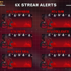 May include: Six Halloween-themed Twitch stream alerts featuring a red background with black spiderwebs, white lights, and a pumpkin design. The alerts are for new subscriber, new raid, new host, new follower, new donation, and new cheer.