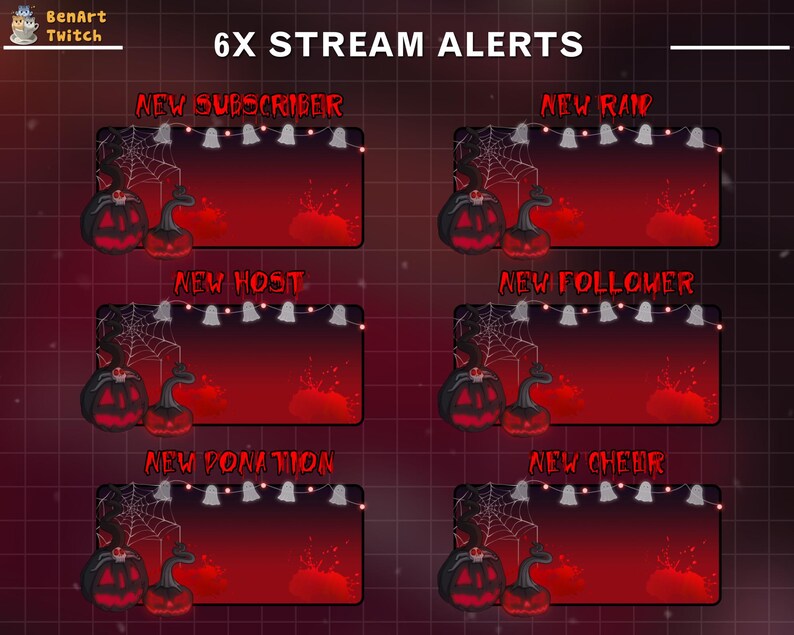 May include: Six Halloween-themed Twitch stream alerts featuring a red background with black spiderwebs, white lights, and a pumpkin design. The alerts are for new subscriber, new raid, new host, new follower, new donation, and new cheer.
