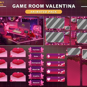 Sobreposição animada do Twitch Sala de PC do Dia dos Namorados, pacote de transmissão da sala de jogos Lo-fi, sobreposição retrô do Twitch