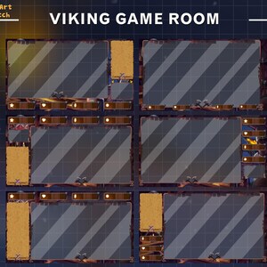 Puede incluir: Una superposici&oacute;n digital para una sala de juegos de transmisi&oacute;n en l&iacute;nea con tem&aacute;tica vikinga. La superposici&oacute;n tiene un fondo gris oscuro con un borde de veta de madera y un patr&oacute;n de cuadr&iacute;cula gris claro. La superposici&oacute;n tiene seis secciones, cada una con un dise&ntilde;o diferente. La secci&oacute;n superior tiene el texto "VIKING GAME ROOM".