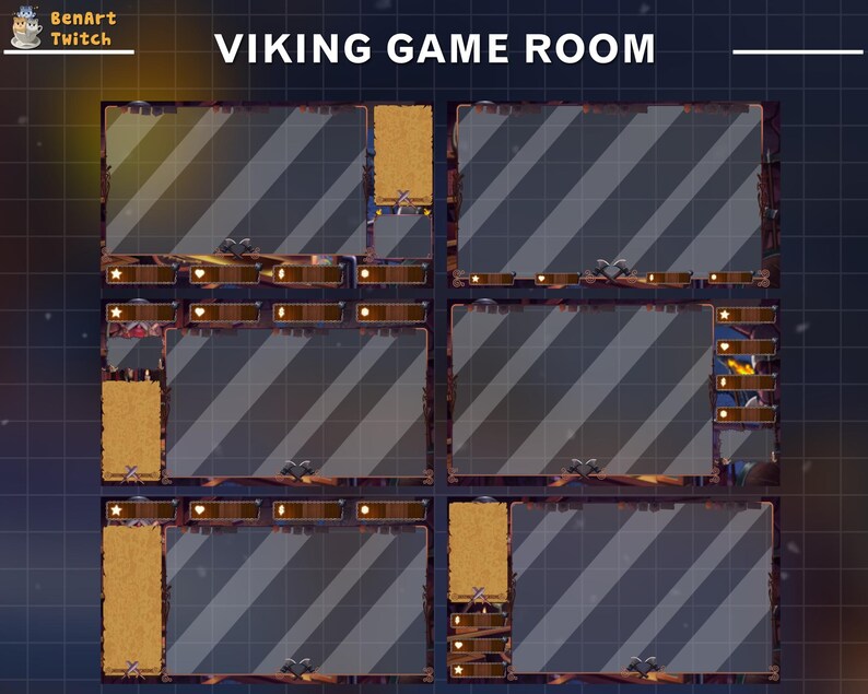Puede incluir: Una superposici&oacute;n digital para una sala de juegos de transmisi&oacute;n en l&iacute;nea con tem&aacute;tica vikinga. La superposici&oacute;n tiene un fondo gris oscuro con un borde de veta de madera y un patr&oacute;n de cuadr&iacute;cula gris claro. La superposici&oacute;n tiene seis secciones, cada una con un dise&ntilde;o diferente. La secci&oacute;n superior tiene el texto "VIKING GAME ROOM".