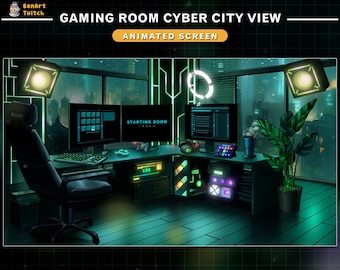Animerade streamskärmar Cyberpunk-spelrum, mysigt streamingrum Twitch-överlägg med stadsregnvy för VTuber, streamers, YouTube, Kick