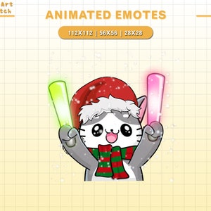Puede incluir: Emoticonos animados con un gato de dibujos animados con gorro de Pap&aacute; Noel y bufanda verde y roja, sosteniendo un bast&oacute;n de luz verde y rosa. La imagen incluye el texto "ANIMATED EMOTES" y especificaciones de tama&ntilde;o.
