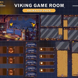 Sobreposição do Twitch da sala de jogos Viking, pacote de transmissão de guerreiro nórdico animado com machados de batalha, escudos, tochas de fogo e vista para a montanha