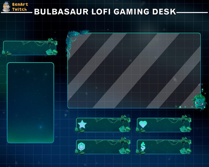 Bulbasaur animerat Twitch-överläggspaket, mysigt Lofi-spelskrivbordsströmpaket, söt Pokémon-Twitch-layout för streamers bild 4