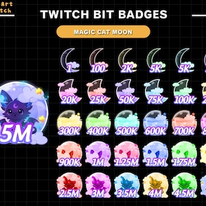 Witch Cat Moon Twitch Bit Badges, Liquid Moon Cat Badge Set, Witchy Celestial Emotes for VTuber, Gothic Stream Overlay
