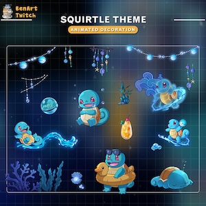 Könnte beinhalten: Eine digitale Illustration mit einem Squirtle-Thema und animierten Dekorationen. Das Bild zeigt verschiedene Squirtle-Charaktere in unterschiedlichen Posen, zusammen mit aquatischen Elementen wie Blasen, Korallen und einem Cocktail. Der Text "SQUIRTLE THEME" und "ANIMATED DECORATION" ist zu sehen.