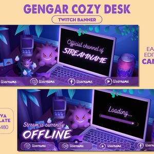 Gengar Lo-fi Desk Twitch Banner Template, Purple Aesthetic Stream Header, Gengar Stream Overlay image 1