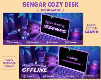 Gengar Lo-fi Desk Twitch Banner Template, Purple Aesthetic Stream Header, Gengar Stream Overlay