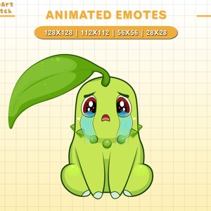 Puede incluir: Criatura verde animada con una gran hoja en la cabeza, llorando l&aacute;grimas azules. La criatura tiene ojos rojos y una expresi&oacute;n triste. El fondo es una cuadr&iacute;cula amarilla.