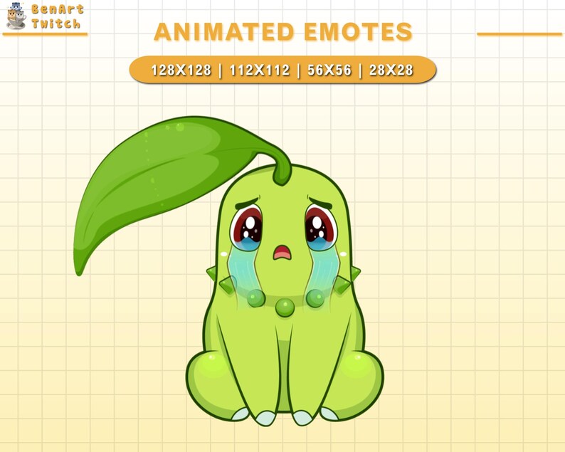 Puede incluir: Criatura verde animada con una gran hoja en la cabeza, llorando l&aacute;grimas azules. La criatura tiene ojos rojos y una expresi&oacute;n triste. El fondo es una cuadr&iacute;cula amarilla.