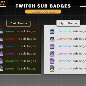 Puede incluir: Una vista previa de las insignias de suscripci&oacute;n de Twitch con un tema oscuro y claro. Las insignias presentan una criatura morada con nombres de usuario de diferentes colores. El texto dice "username: sub badges".