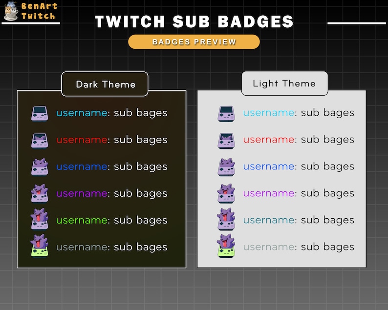 Puede incluir: Una vista previa de las insignias de suscripci&oacute;n de Twitch con un tema oscuro y claro. Las insignias presentan una criatura morada con nombres de usuario de diferentes colores. El texto dice "username: sub badges".