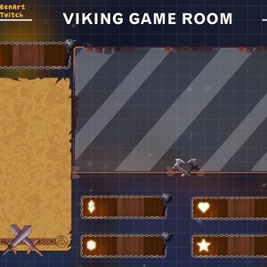 Puede incluir: Una ilustraci&oacute;n digital de una sala de juegos con tem&aacute;tica vikinga con un fondo grande, gris oscuro y a rayas. La sala tiene un marco de madera con detalles dorados. Hay cuatro paneles de madera con detalles dorados e iconos, incluyendo un signo de d&oacute;lar, un hex&aacute;gono, un coraz&oacute;n y una estrella. El texto "VIKING GAME ROOM" est&aacute; en la parte superior de la imagen.