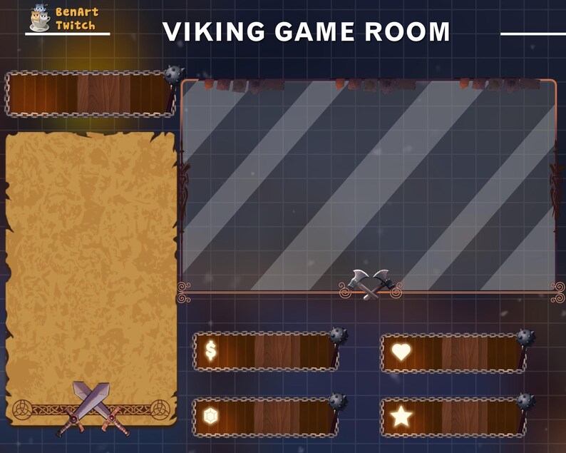 Puede incluir: Una ilustraci&oacute;n digital de una sala de juegos con tem&aacute;tica vikinga con un fondo grande, gris oscuro y a rayas. La sala tiene un marco de madera con detalles dorados. Hay cuatro paneles de madera con detalles dorados e iconos, incluyendo un signo de d&oacute;lar, un hex&aacute;gono, un coraz&oacute;n y una estrella. El texto "VIKING GAME ROOM" est&aacute; en la parte superior de la imagen.