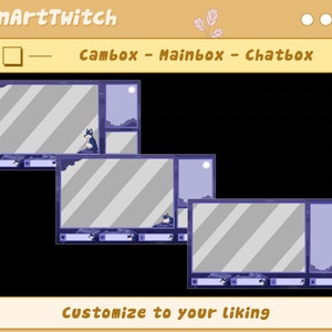 Może przedstawiać: Szablon nakładki Twitch w kolorze fioletowym i szarym z tekstem "Cambox - Mainbox - Chatbox" i "Dostosuj do swoich upodobań". Nakładka zawiera trzy prostokątne ramki z paskowanym wzorem i księżycem w prawym g&oacute;rnym rogu.
