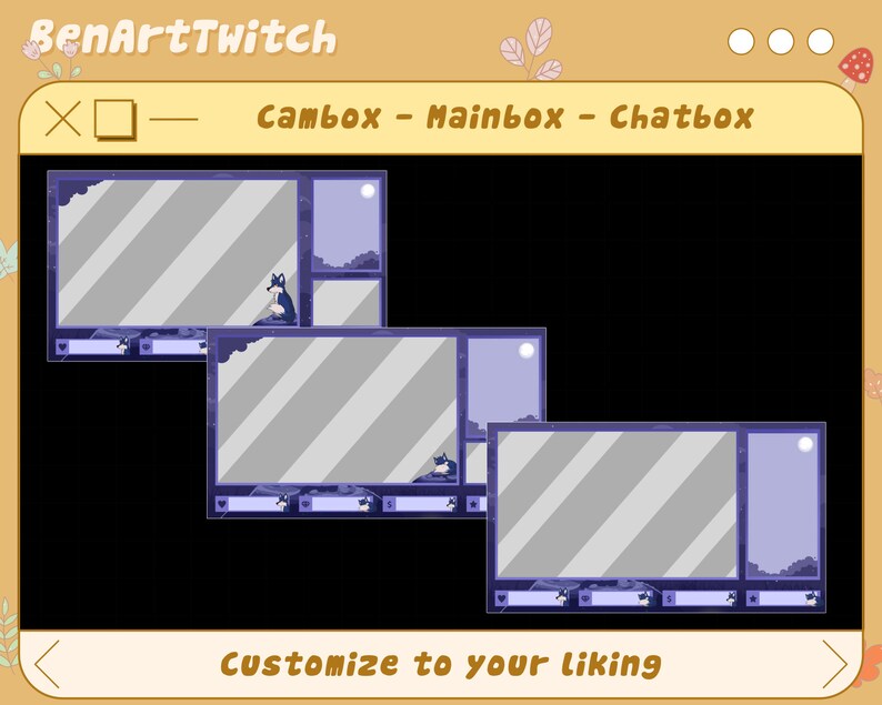 Może przedstawiać: Szablon nakładki Twitch w kolorze fioletowym i szarym z tekstem "Cambox - Mainbox - Chatbox" i "Dostosuj do swoich upodobań". Nakładka zawiera trzy prostokątne ramki z paskowanym wzorem i księżycem w prawym g&oacute;rnym rogu.