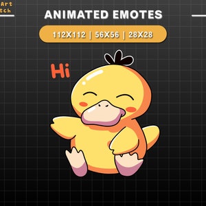 Geanimeerde Twitch-emote Schattige eend zeg hallo, schattige Pokemon Twitch-emotes, schattige emotes voor YouTube, Discord