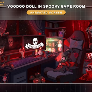 Op de afbeelding: Geanimeerd scherm met een voodoopop in een griezelige gameruimte. De scène wordt gedomineerd door rode en zwarte tinten, met een schedelbanner met de tekst "Starting Soon". Een zwarte kat, schedels en een digitale klok zijn ook zichtbaar.