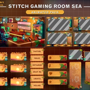 Animated Twitch Pack Game Room Stitch Summer, Cute Stitch Stream Package, Stitch Twitch Overlay for Streamer, Vtuber