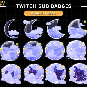 Witch Cat Moon Kawaii Twitch Sub Badges, Celestial Witchy Cat Badge Set, Magical Moon Emotes for Streamers & VTuber Overlay