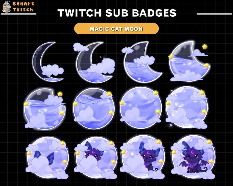Witch Cat Moon Kawaii Twitch Sub Badges, Celestial Witchy Cat Badge Set ...