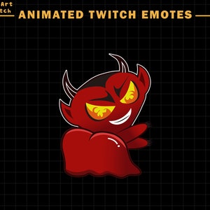 May include: Animated Twitch emote of a red devil with yellow eyes and a mischievous grin. The devil is holding its arms in front of its body.
