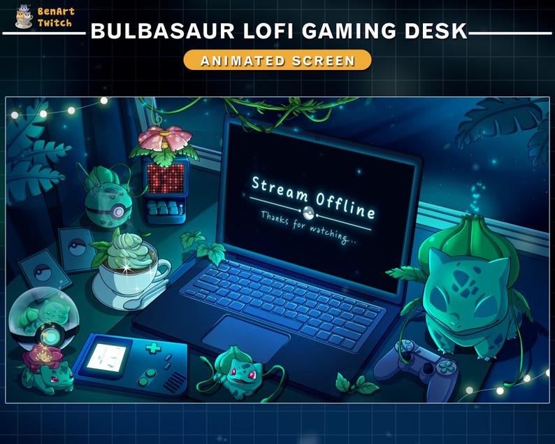 Bulbasaur animerat Twitch-överläggspaket, mysigt Lofi-spelskrivbordsströmpaket, söt Pokémon-Twitch-layout för streamers bild 11