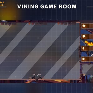 Puede incluir: Una superposici&oacute;n de transmisi&oacute;n de Twitch con un tema vikingo. La superposici&oacute;n tiene un fondo oscuro con un patr&oacute;n diagonal y una ventana grande y transparente en el centro. La superposici&oacute;n tambi&eacute;n incluye una serie de paneles de madera con iconos para donaciones, seguidores y suscripciones.