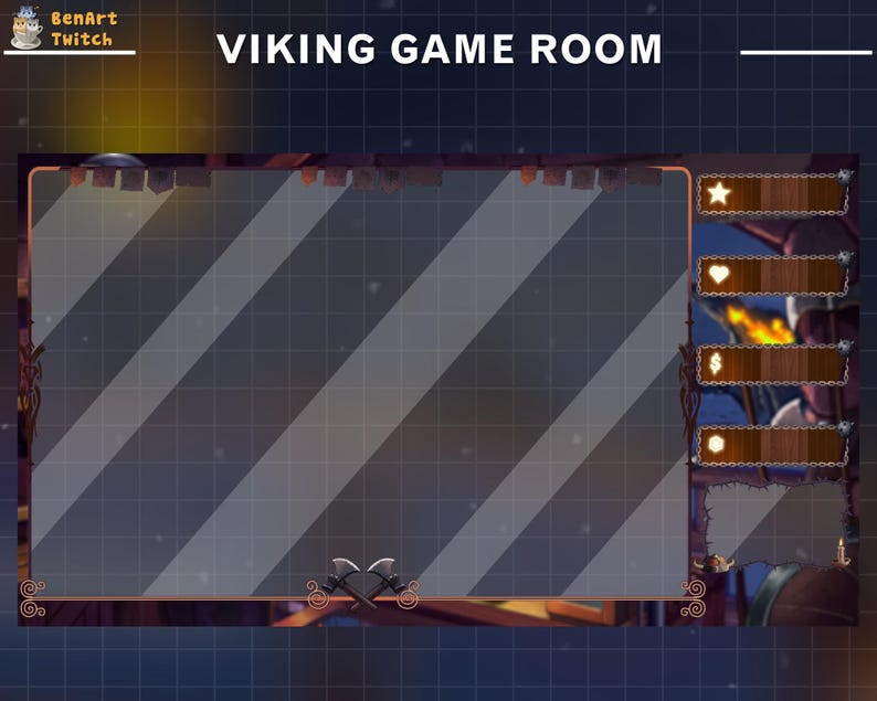 Puede incluir: Una superposici&oacute;n de transmisi&oacute;n de Twitch con un tema vikingo. La superposici&oacute;n tiene un fondo oscuro con un patr&oacute;n diagonal y una ventana grande y transparente en el centro. La superposici&oacute;n tambi&eacute;n incluye una serie de paneles de madera con iconos para donaciones, seguidores y suscripciones.
