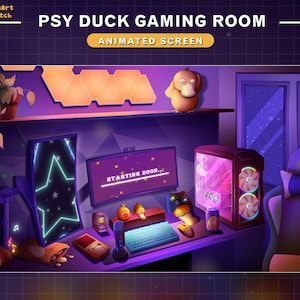 Pantallas de transmisión animadas de la sala de juegos PSY, linda superposición de Twitch de pato con configuración de PC, luces de neón, noche estrellada de luna...