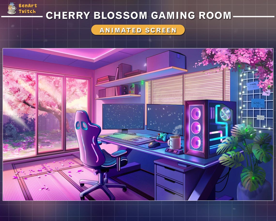 Animated Twitch Screen Cherry Blossom PC Room Setup, Aesthetic Sakura ...