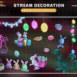 Animated Stream Decorations Easter&#39;Day  PC Room Collections,  Aesthetic Game Room Twitch Overlay with Rabbit, Bunny, Eggs