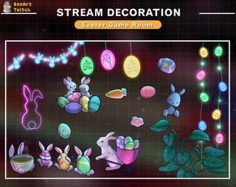 Animated Stream Decorations Easter'Day  PC Room Collections,  Aesthetic Game Room Twitch Overlay with Rabbit, Bunny, Eggs