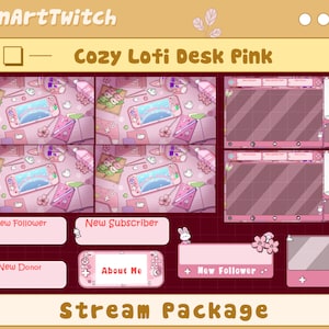 Pacote animado de fluxo de mesa Lofi, sobreposição Sakura Twitch rosa pastel com configuração de sala Kawaii aconchegante para fundos de streamers e Vtubers