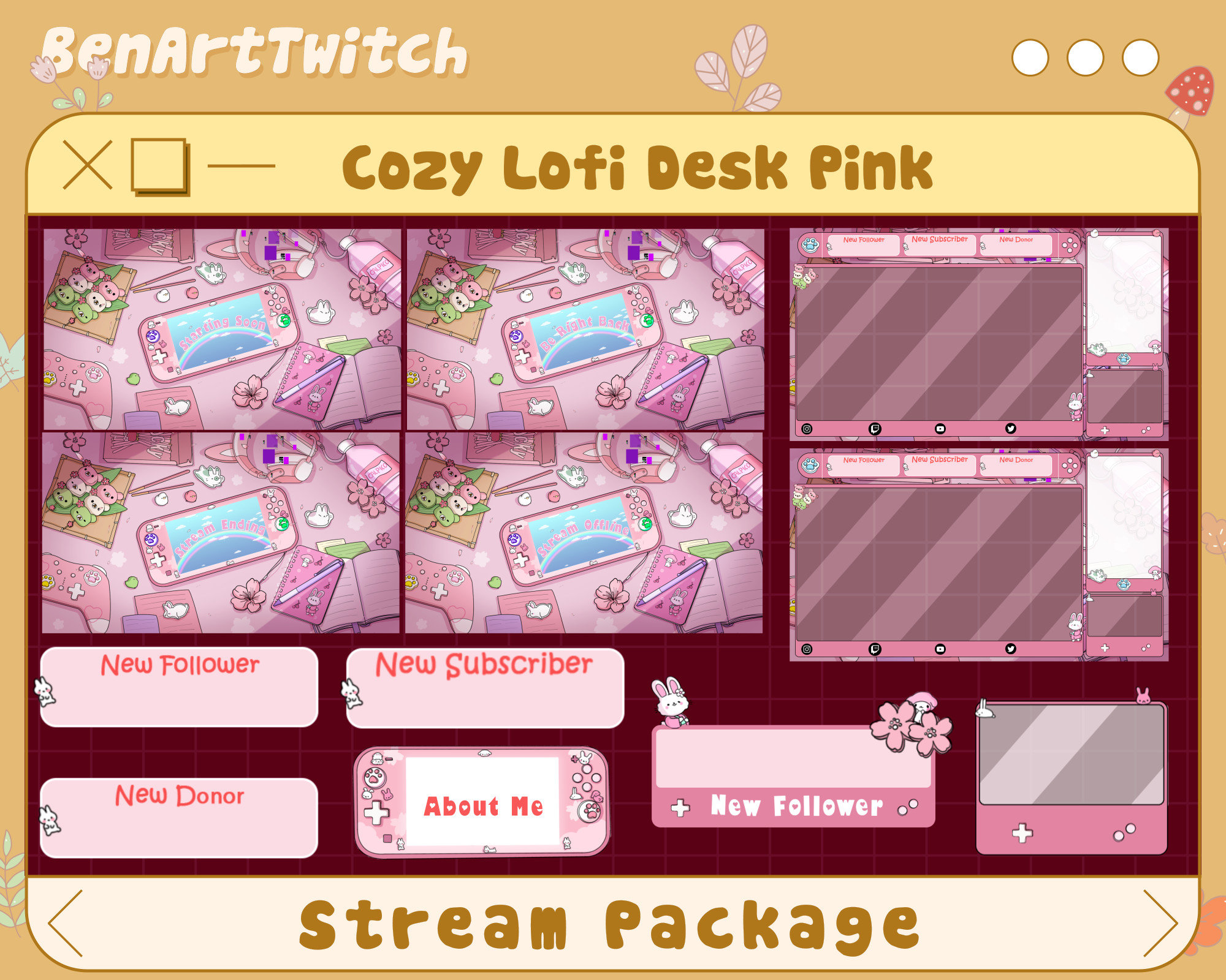 Animated Lofi Desk Stream Package, Pastel Pink Sakura Twitch Overlay with Cozy Kawaii Room Setup for Streamers and Vtubers Backgrounds