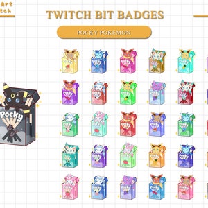 May include: A set of 36 Twitch bit badges featuring various Pokemon characters holding Pocky sticks. The badges are in a grid pattern with a variety of colors, including red, blue, green, yellow, and pink. The badges are all in the same style, with a white background and a black outline.